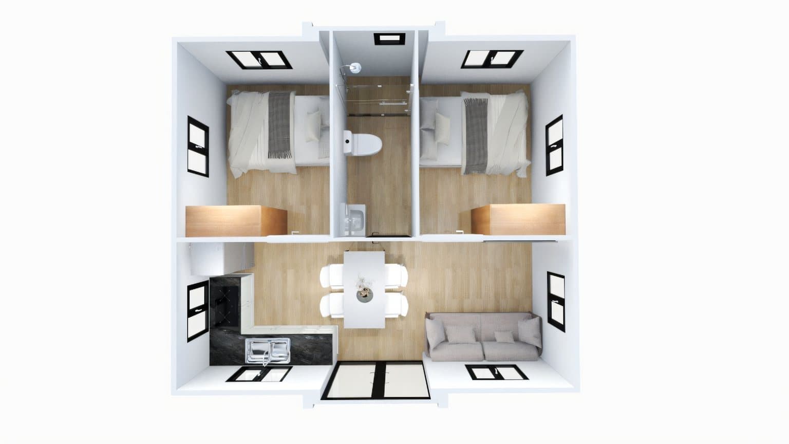 3D floor plan of a two-bedroom expandable home with central kitchen and living