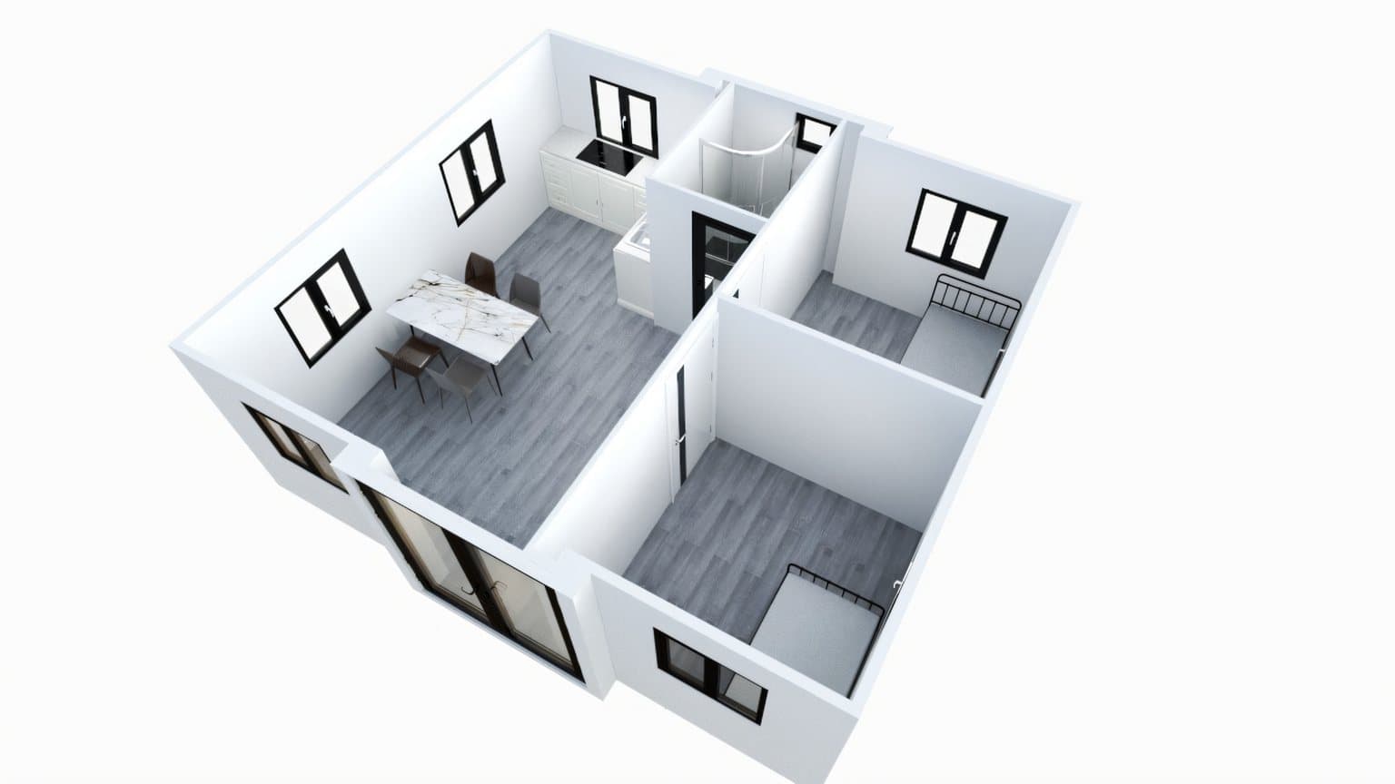 3D cutaway render of a one-bedroom expandable home showing furnished rooms