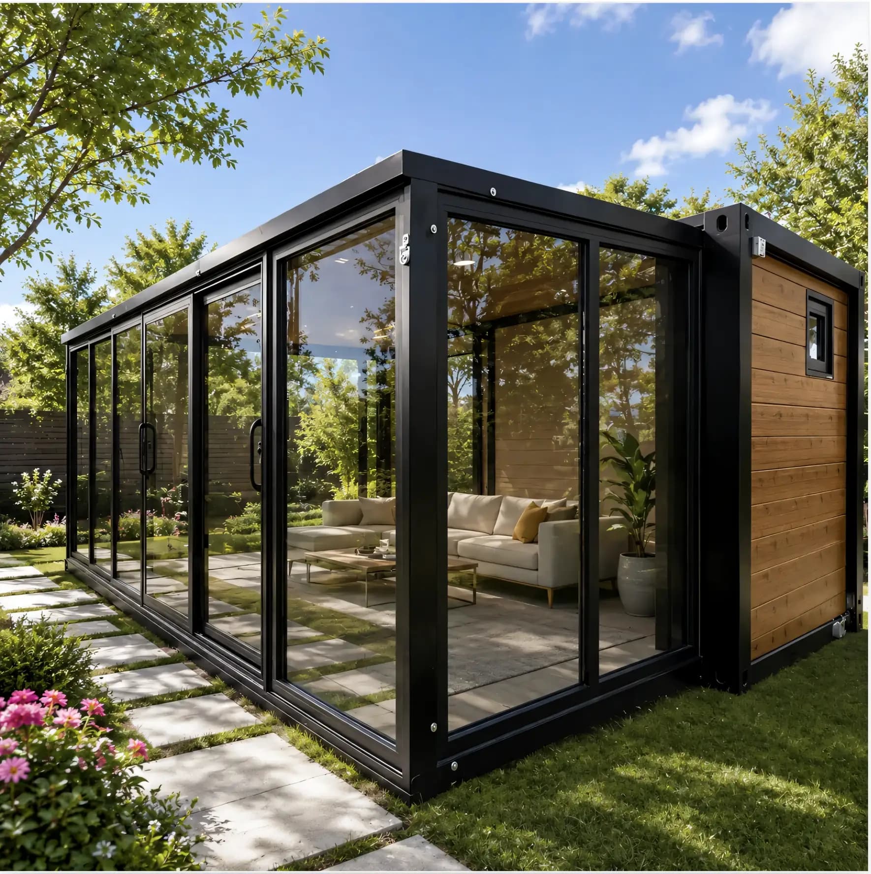Expandable home with full-height glazing and timber cladding