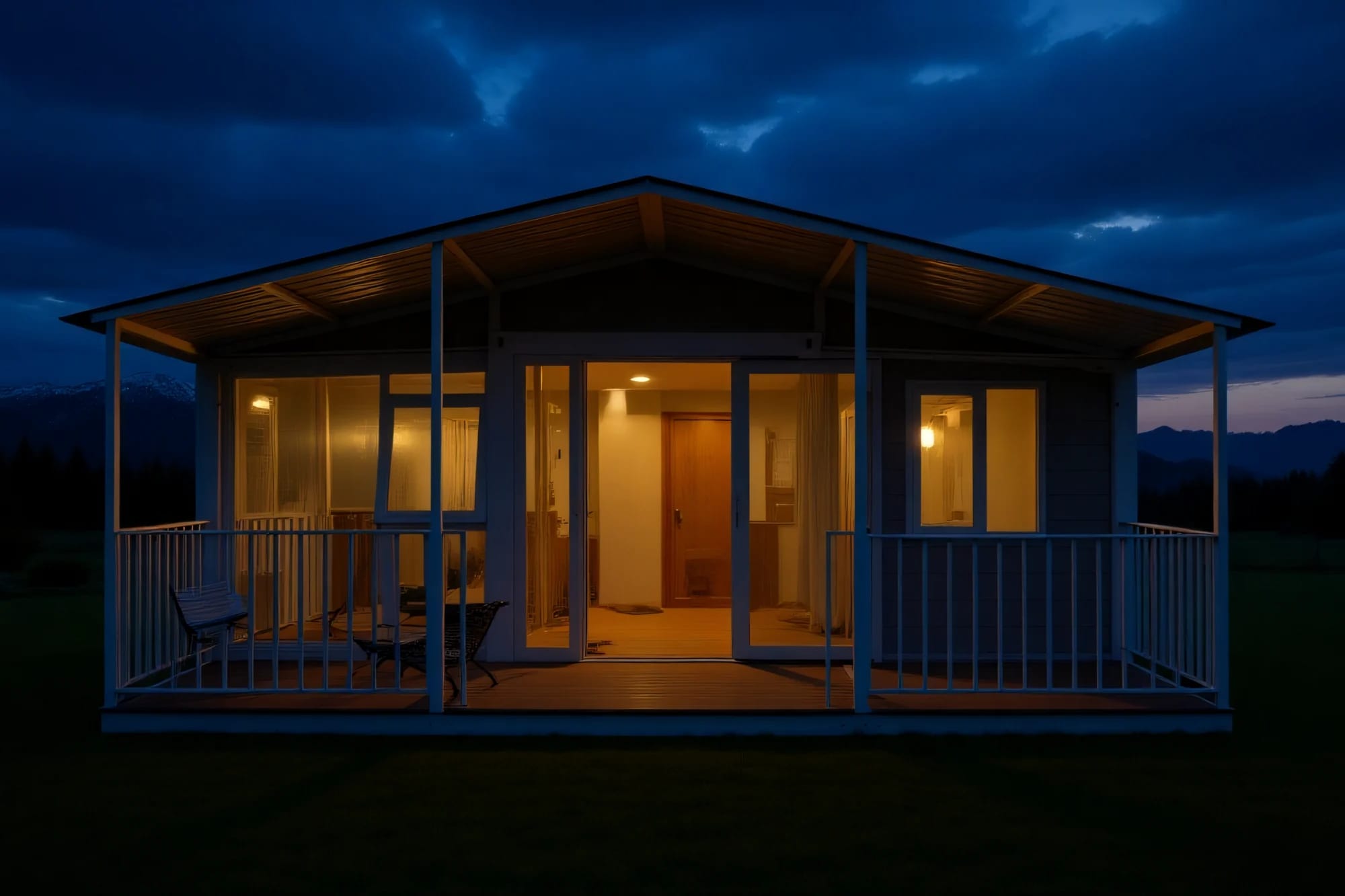 Visualisation of an expandable unit at dusk with warm interior light